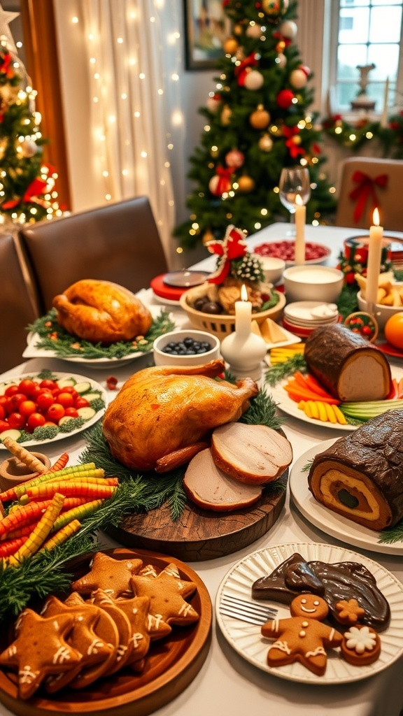 A festive Christmas party table with roast turkey, glazed ham, vegetable platters, and assorted desserts.